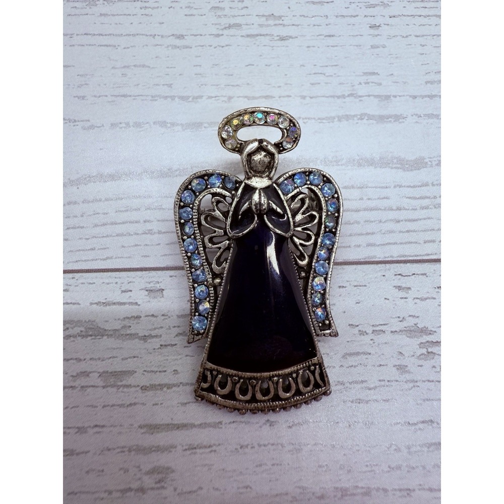 Vintage OTC Angel Pin Blue Enamel & Rhinestones Holiday Christmas Brooch